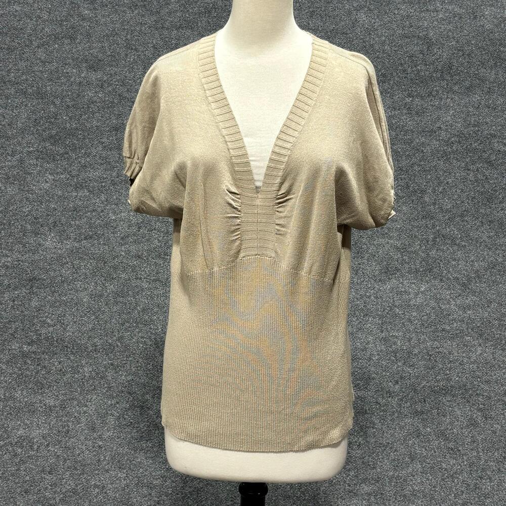 Cable & Gauge Sweater Womens Large Beige V Neck Puff Short Sleeve Soft Knit Top